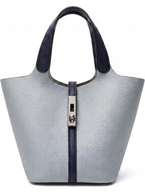 Women's Silver Vegan Leather Satchel Tote Handle Lock Design Bucket Purse